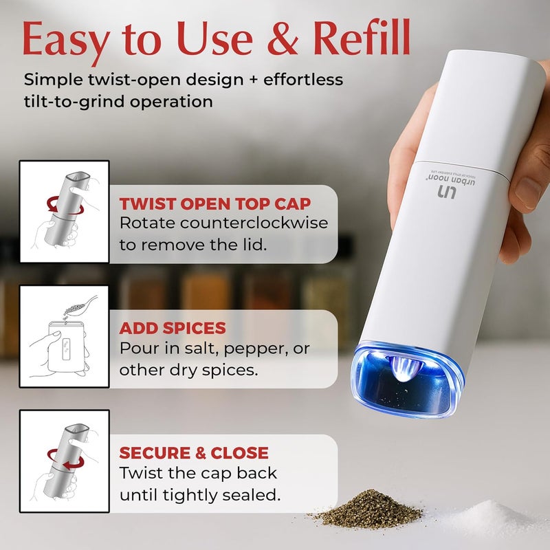 urban noon Automatic Salt and Pepper Grinder Set - Rechargeable Electric Salt and Pepper Shakers with Adjustable Coarseness, LED Light, One-Handed Use, Gravity Salt Grinder and Electric Pepper Mill - Image 2